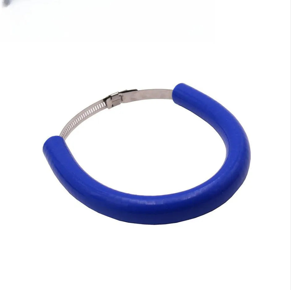 Universal motorcycle exhaust pipe anti-drop metal clamp in black, blue, or orange with included gasket.