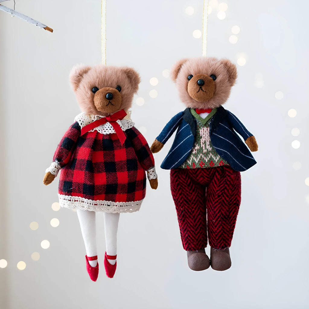Cartoon style couple plush bear doll wearing cotton plaid suit
