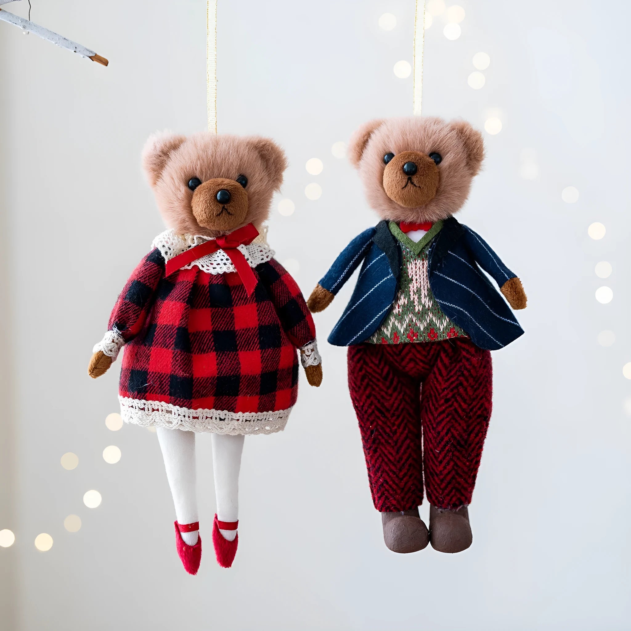 Cartoon style couple plush bear doll wearing cotton plaid suit