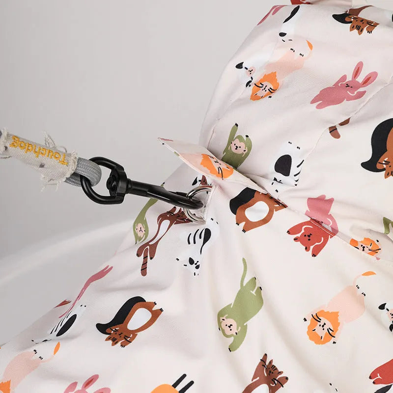 Beige cartoon pattern dog raincoat with double waterproof coating, shown in size L.