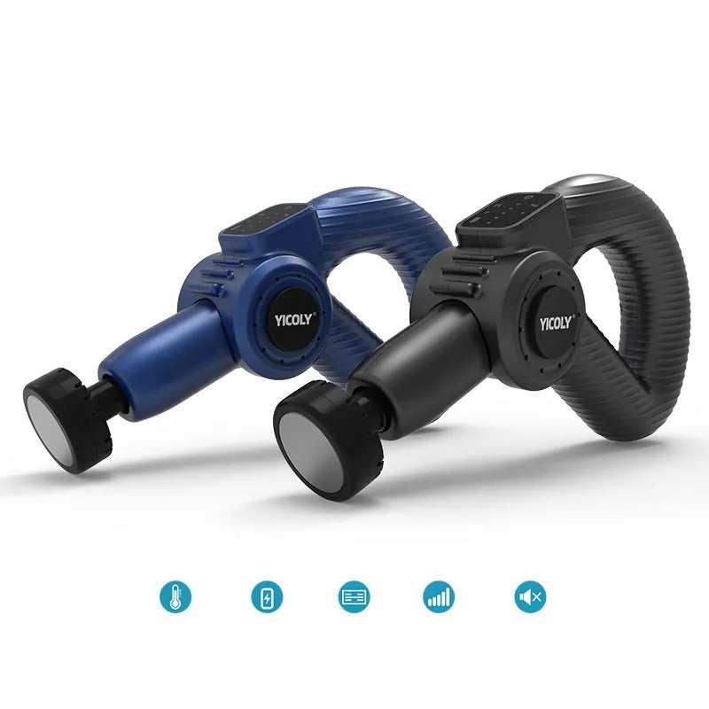 Black smart muscle massage gun with multiple attachments for hot and cold compress therapy