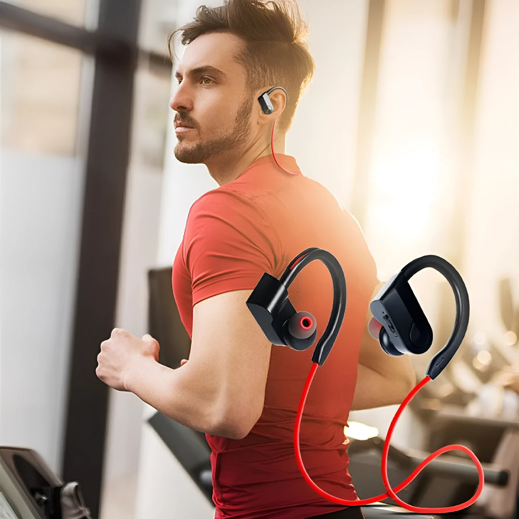 Black wireless neckband Bluetooth earphones with in-ear design and USB charging cable