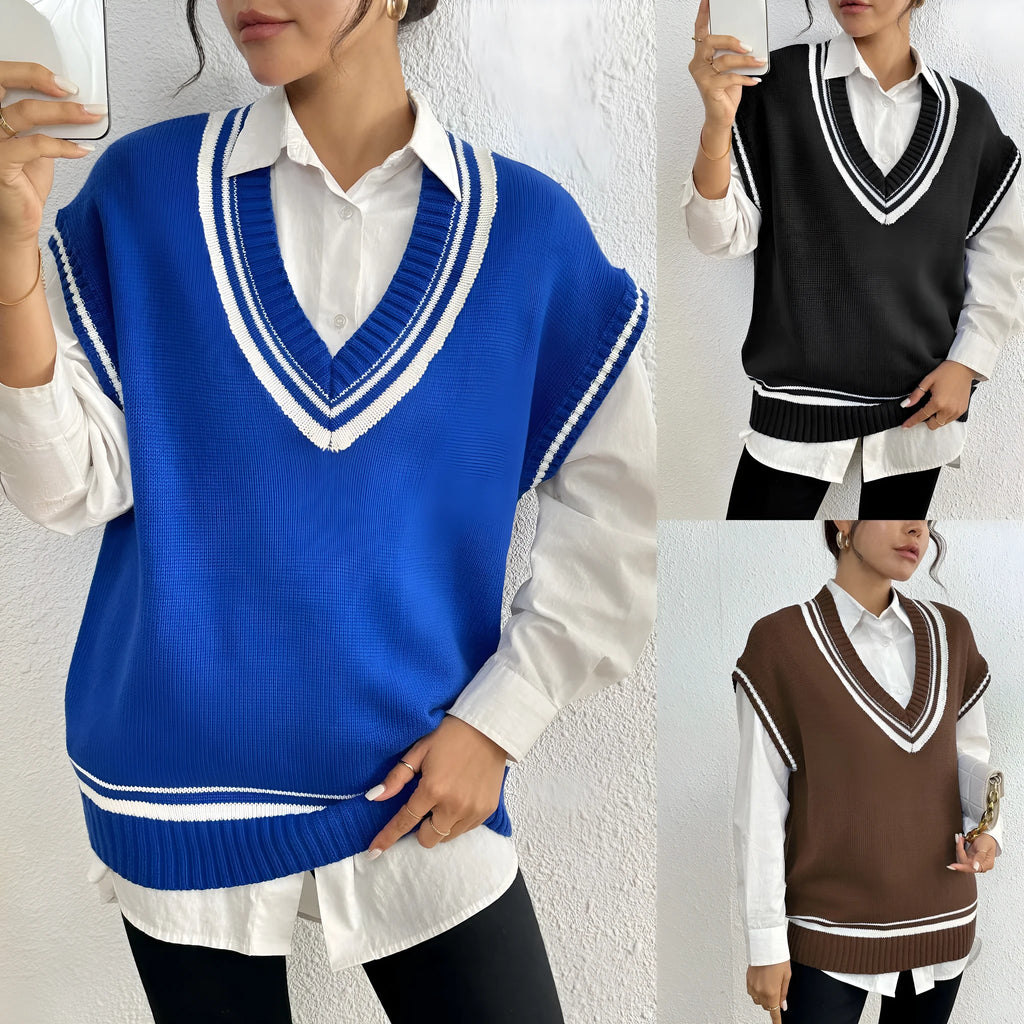 Women's college style wool vest sweater in loose pullover design available in blue coffee black colours
