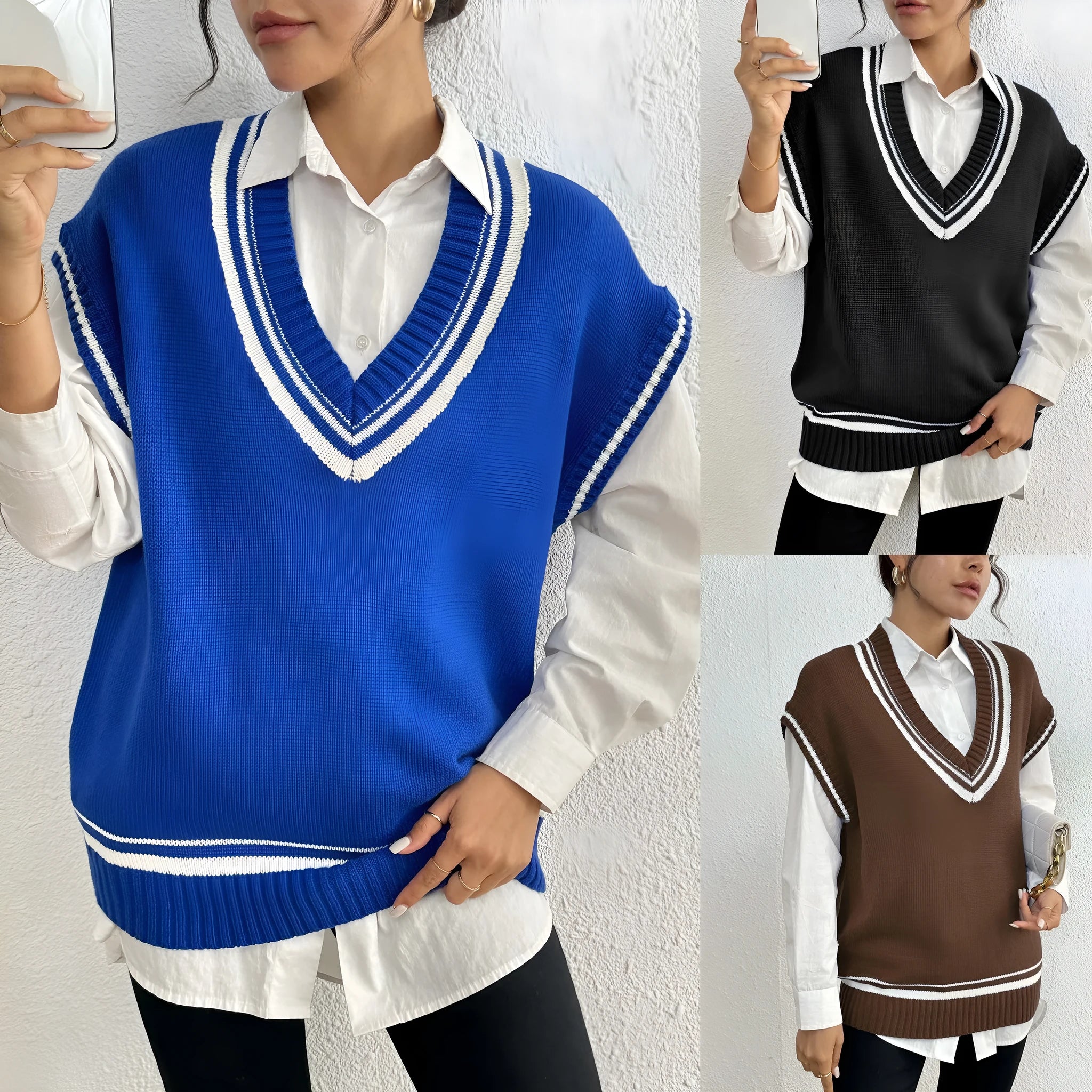 Women's college style wool vest sweater in loose pullover design available in blue coffee black colours