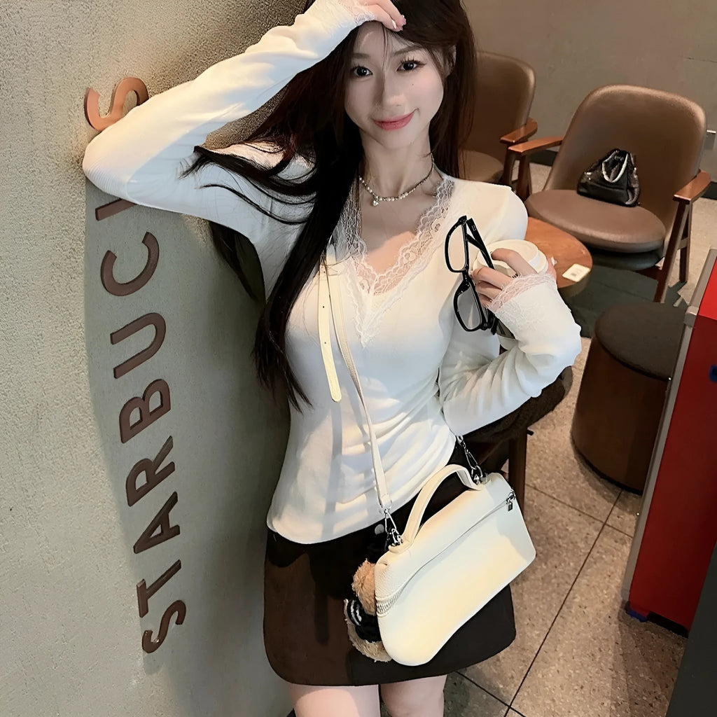 White V-neck Dralon lace stitching brushed long sleeve top for women, slim fit polyester knit