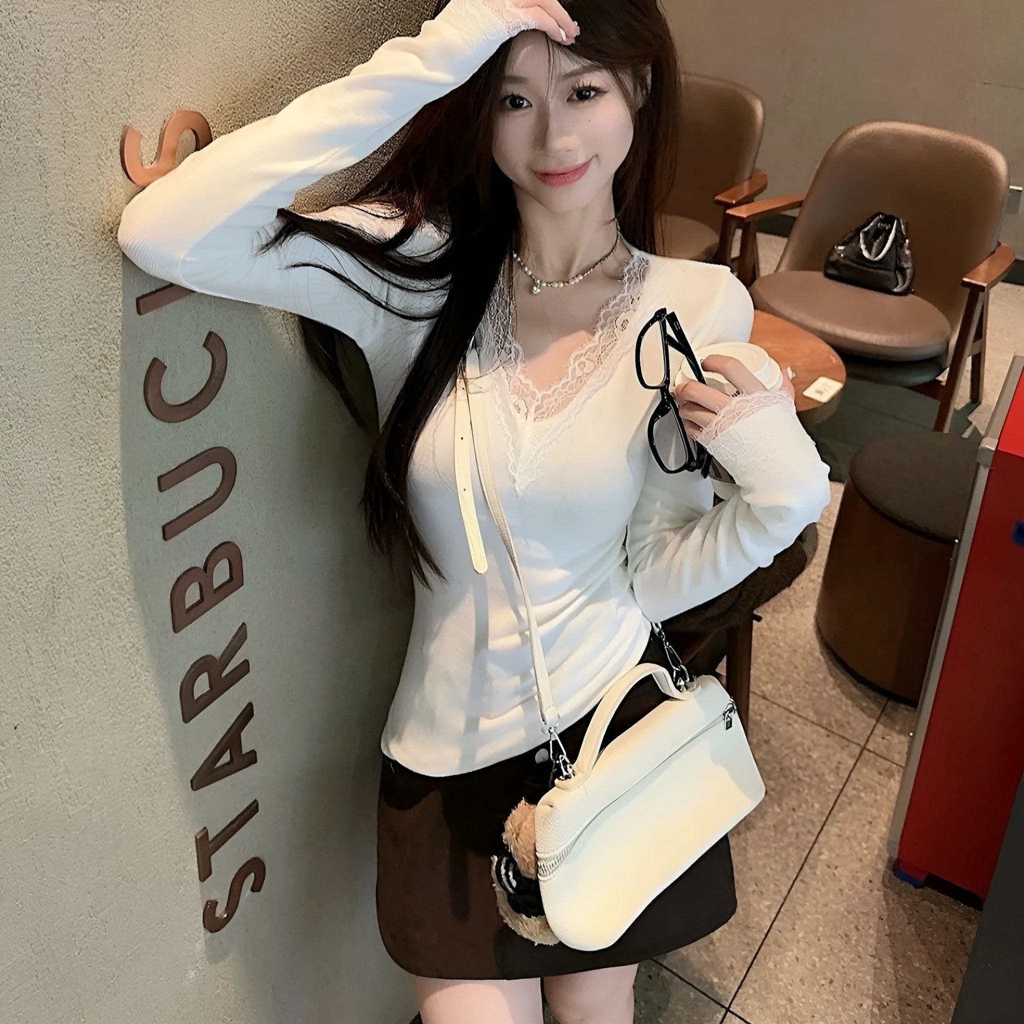 White V-neck Dralon lace stitching brushed long sleeve top for women, slim fit polyester knit