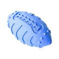Light green or sapphire blue bite-resistant rubber dog rugby ball toy for teeth cleaning.