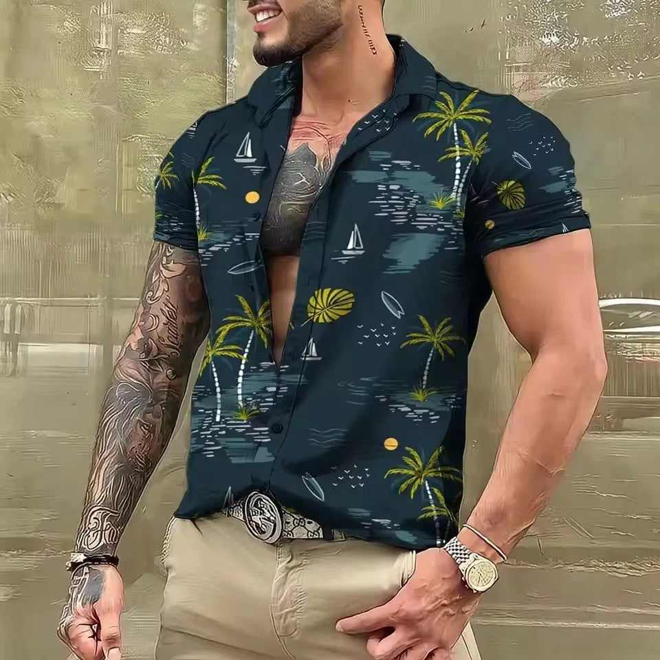 Men's floral printed beach shirt in loose cardigan style with short sleeves