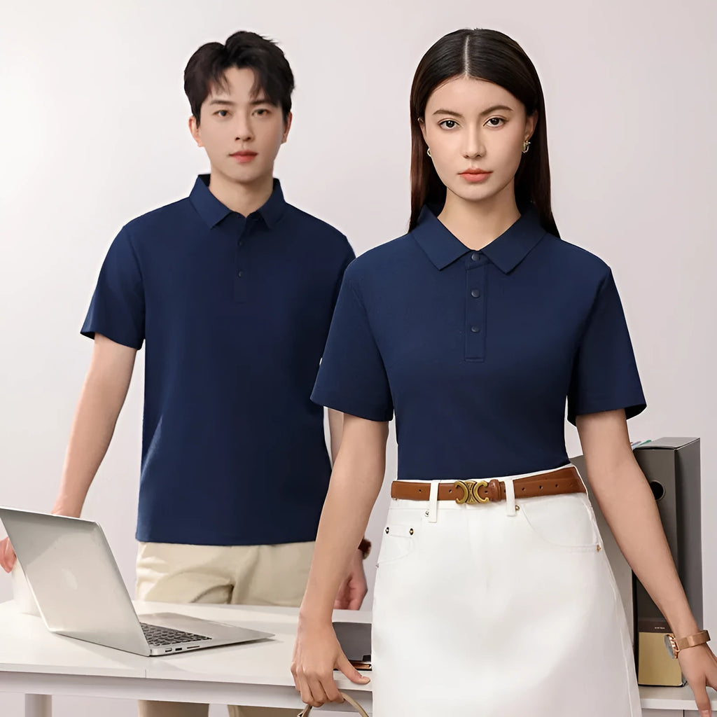 Cotton blend short sleeve polo shirt in solid colour, seamless knit, for summer business commute, available in multiple colours and sizes S to 4XL