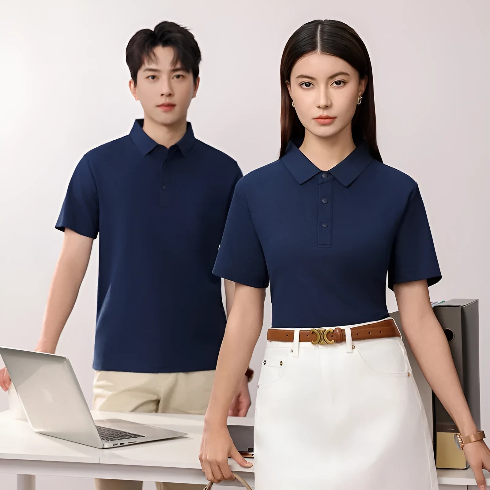 Cotton blend short sleeve polo shirt in solid colour, seamless knit, for summer business commute, available in multiple colours and sizes S to 4XL