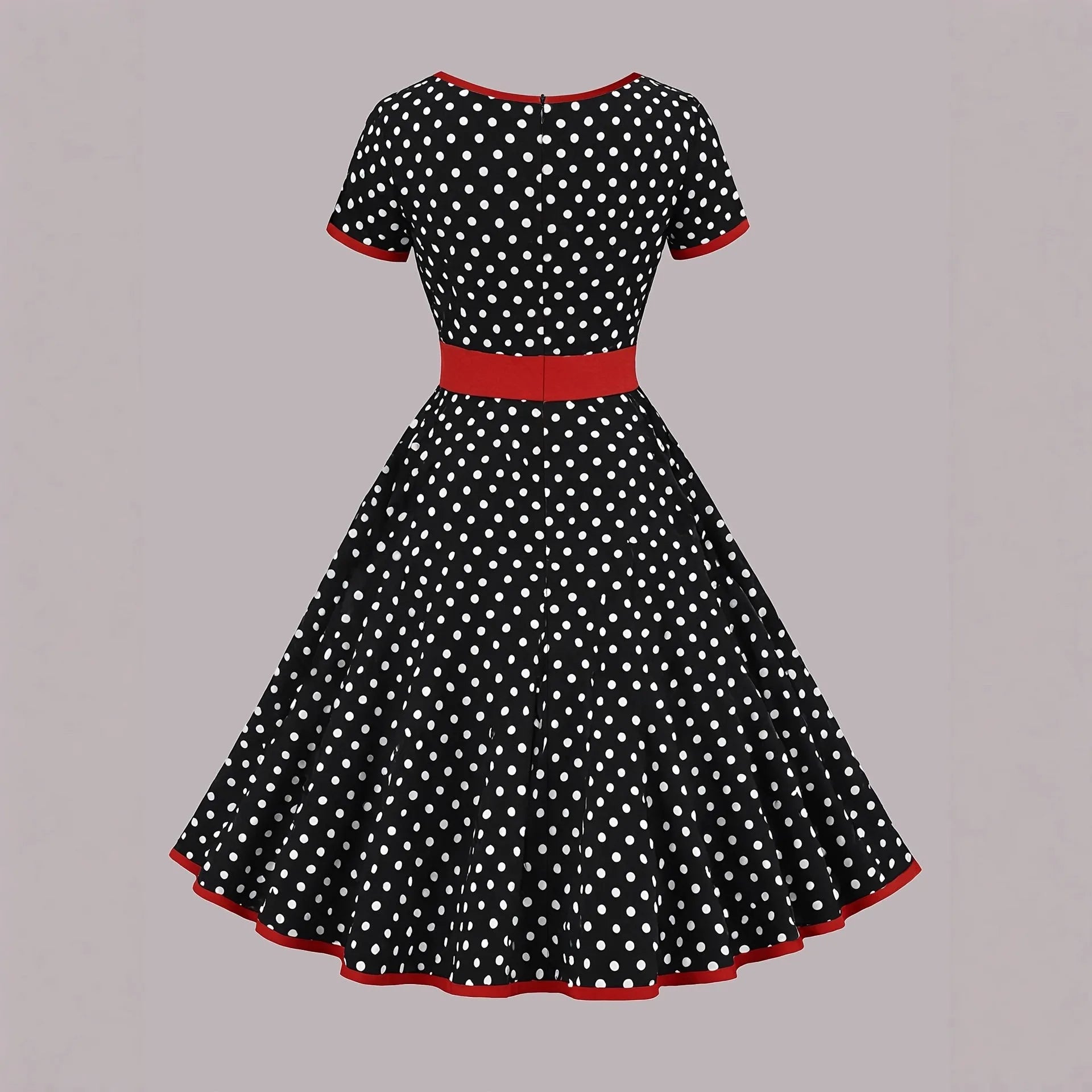 Women's multicolor polka dot dress with square collar, short sleeves, front zipper, and pleated mid-length skirt.