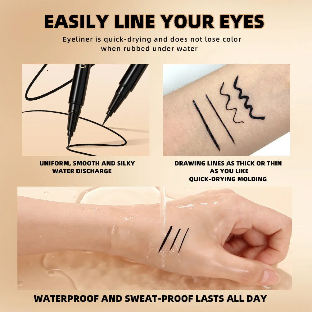 Black liquid eyeliner pen with fine tip applicator for waterproof smudge-proof makeup
