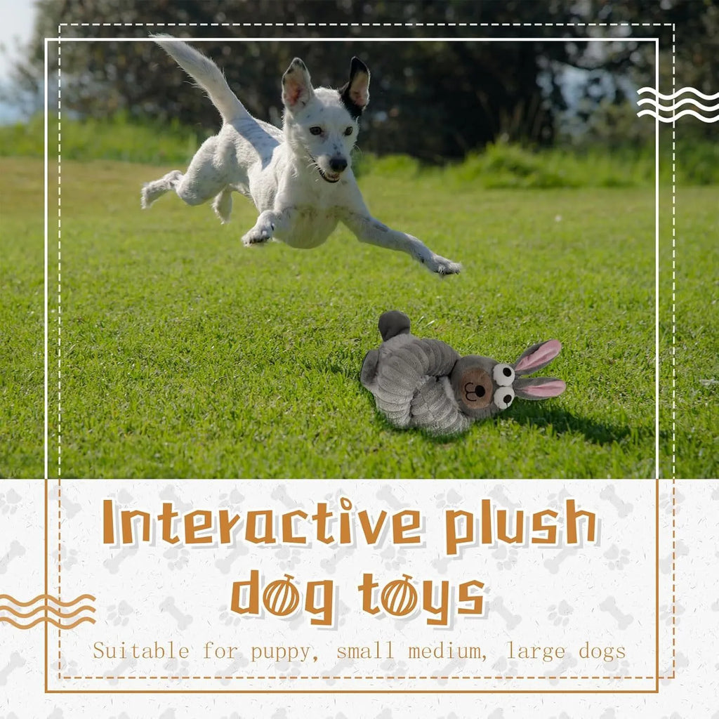 Brown, grey, and yellow plush dog toys with squeaker and crinkle sound features