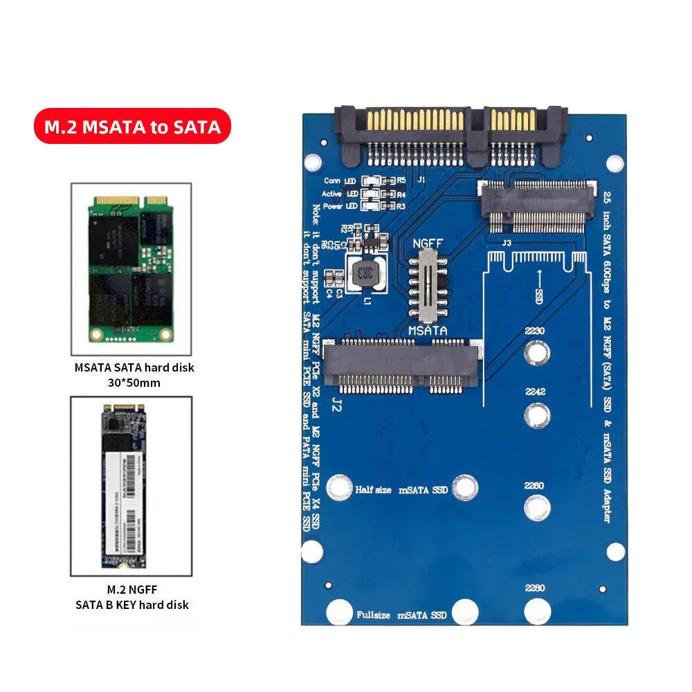Black and blue SATA3 to M.2 NGFF MSATA SSD conversion adapter card with SATA connectors