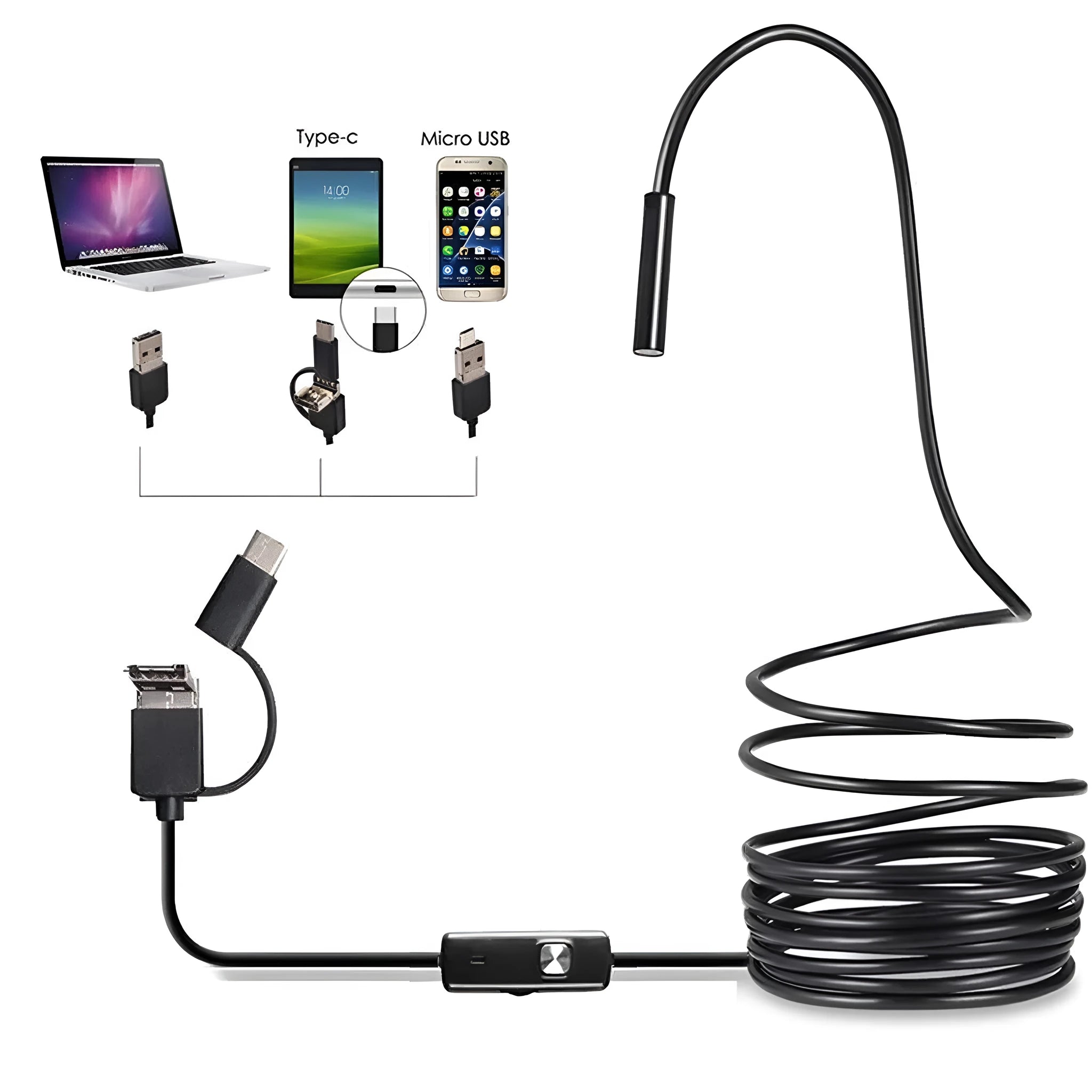 Android mobile phone endoscope with IP67 waterproof rating, flexible cable, and side mirror, hook, and magnet accessories