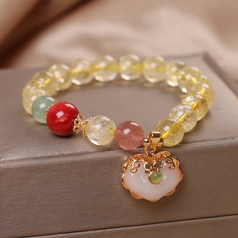 Women's natural citrine jade ruyi pendant bracelet with yellow hair crystal detail on alloy chain