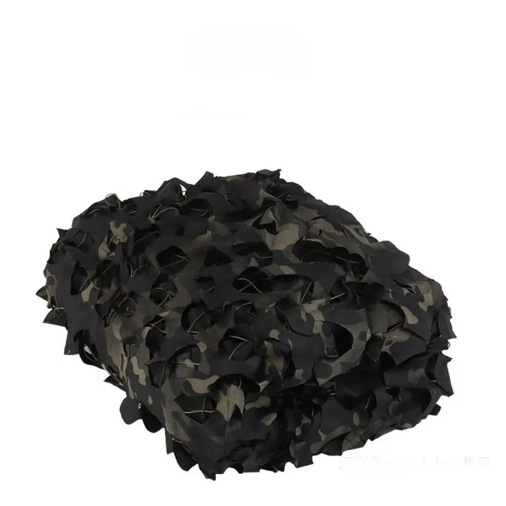Green camouflage net cover deployed as a sunshade with desert pattern detail