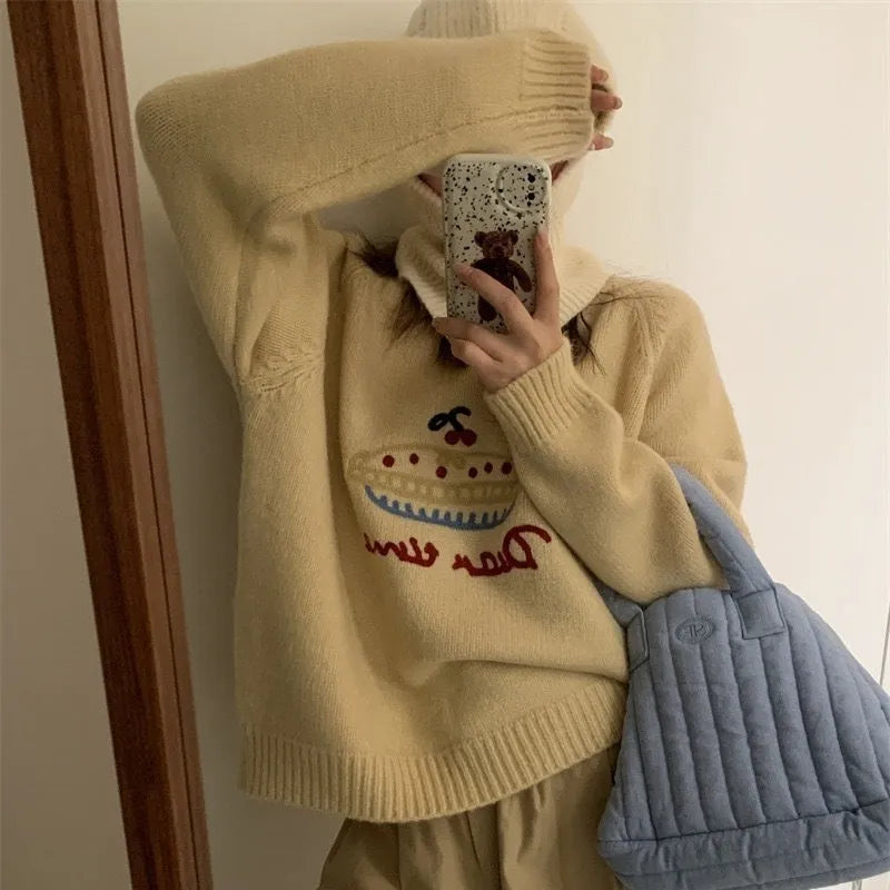 Women's loose fit round neck embroidered cartoon sweater in beige with long sleeves and acrylic spandex fabric