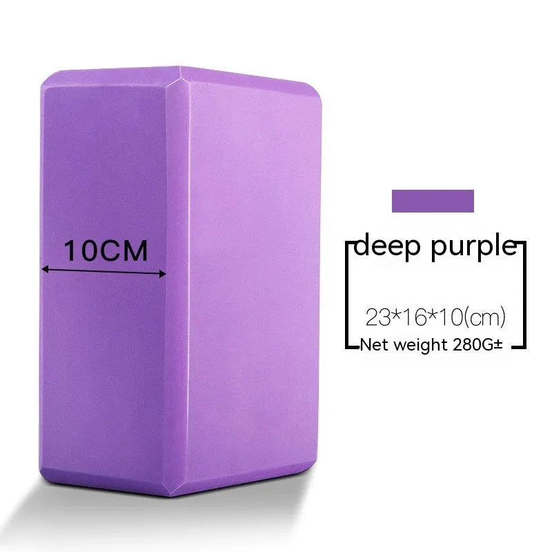 EVA foam yoga block in violet colour, shown next to a pink block, demonstrating its size and rectangular shape for fitness support.