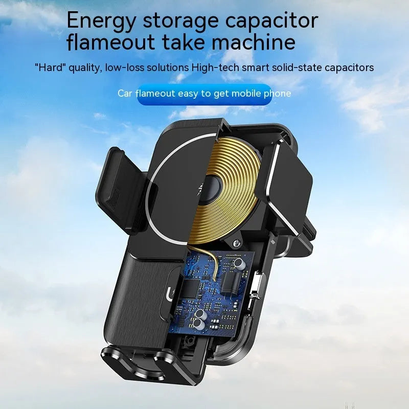 Black car wireless phone charger and holder with 15W fast charging, showing clip and suction cup mounting options.