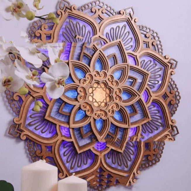 Yoga room creative datura atmosphere night light with wood acrylic lampshade projection blue purple 32x32cm 42x42cm