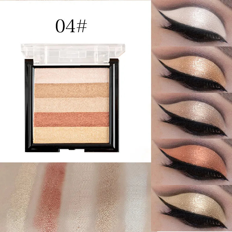 Eye shadow palette compact for highlighting and contouring, showing six colour style options with 12g net content.