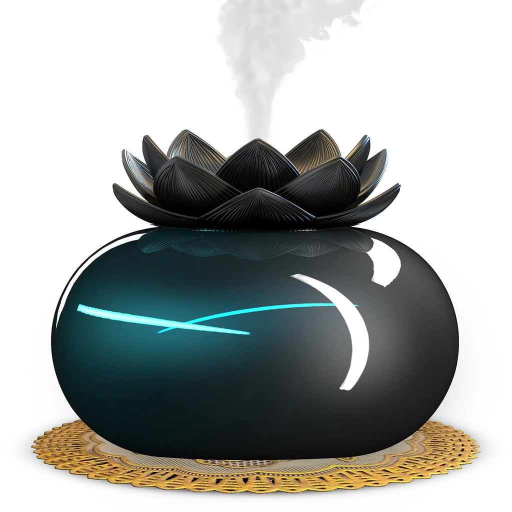 Black lotus-shaped ultrasonic humidifier with USB cable connection