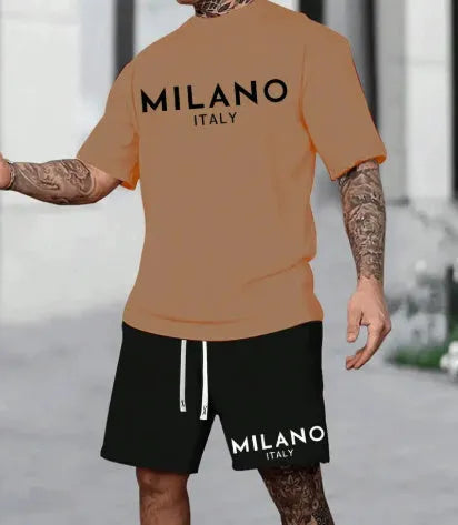 Men's casual two-piece suit set with round neck short sleeve t-shirt and matching shorts