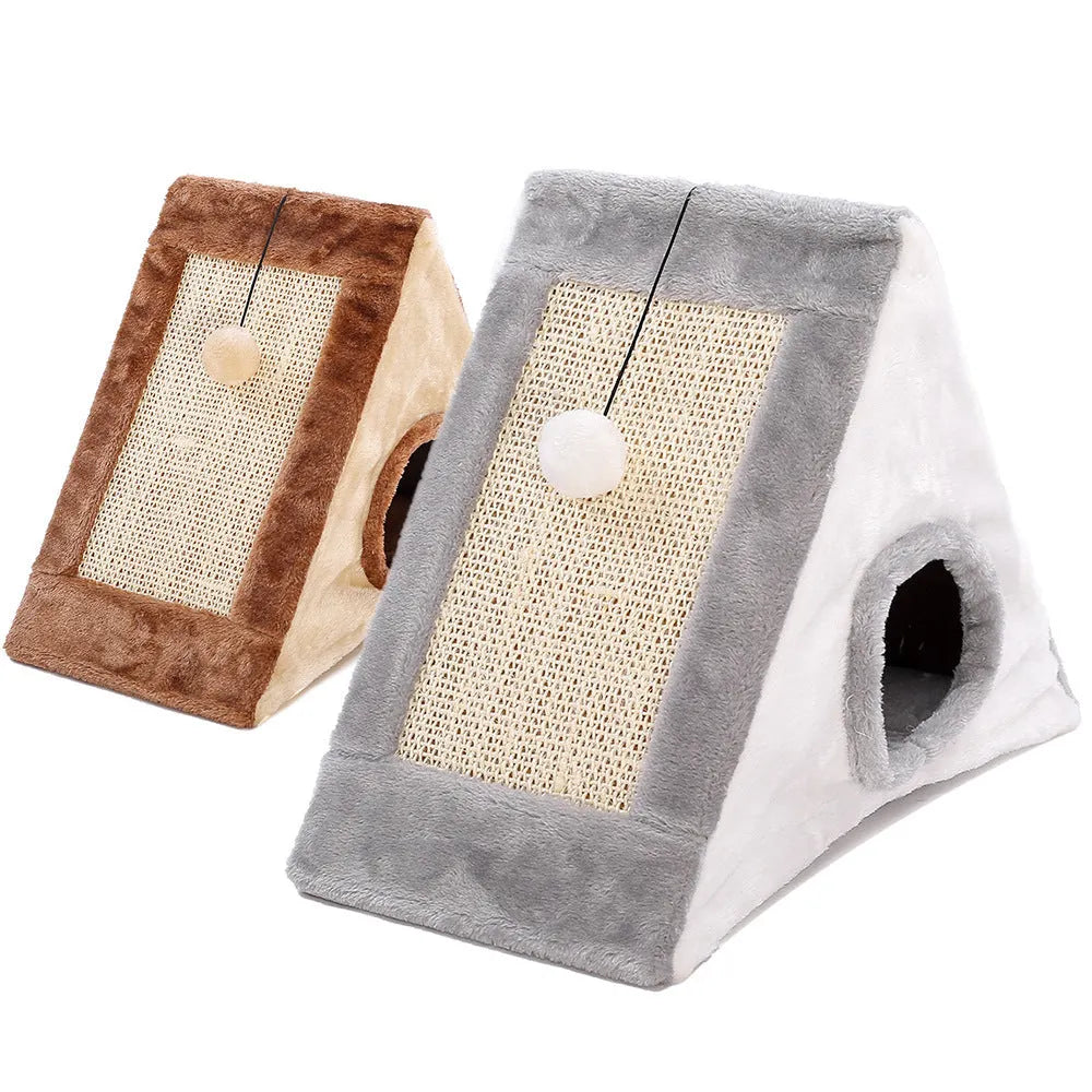 Grey-white triangle cat claw sisal toy with geometric platform design and plate fur material