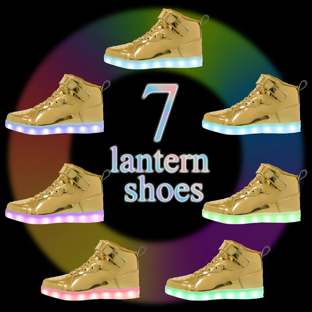 High-top LED light shoes with Velcro strap and rechargeable lights in multiple colours.