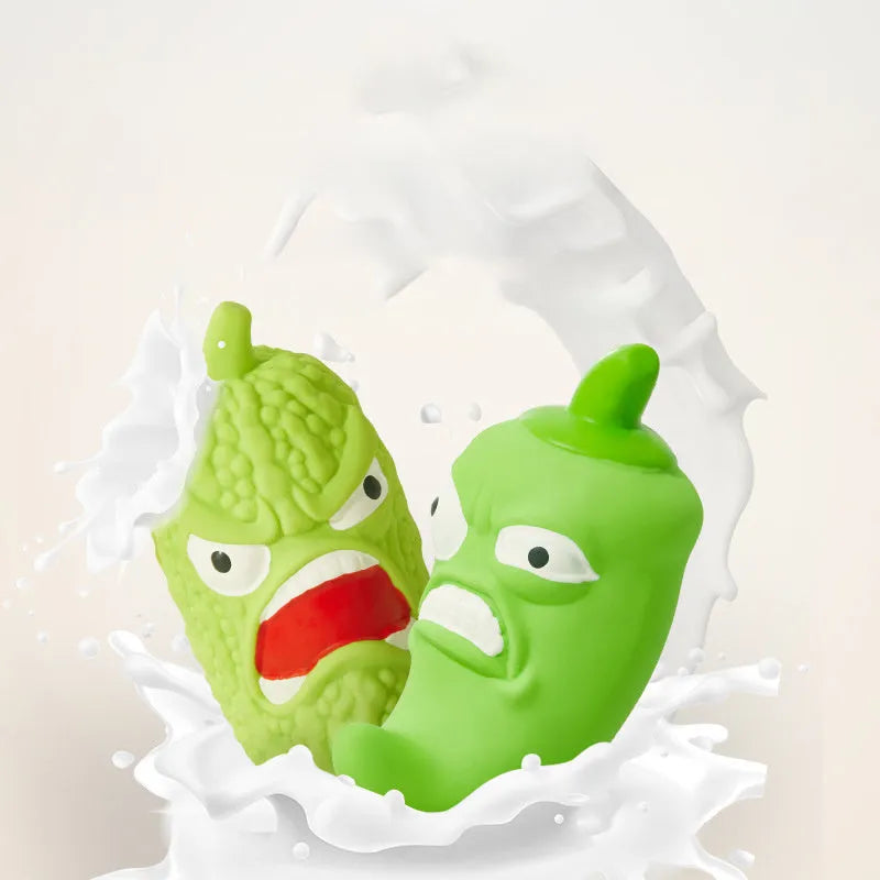 Dog chew toy shaped like bitter melon or chili with textured cleaning ridges and sound activation feature