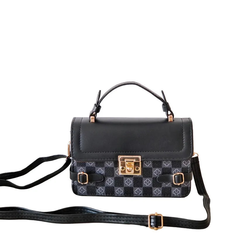 PU leather retro square crossbody bag with ethnic stitching and plaid patterns, shown in apricot colour.