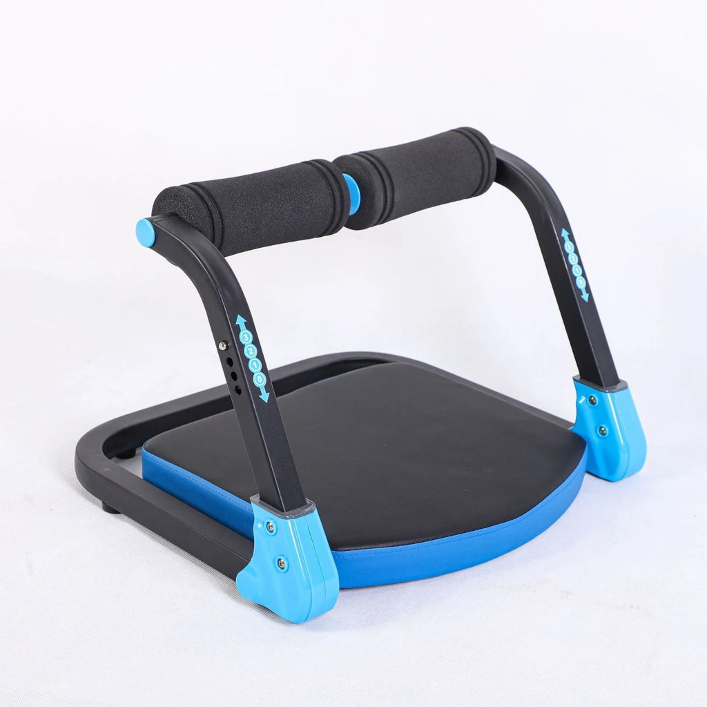 Mini multifunctional abdominal wheel fitness equipment shown in red and sky blue colour options.