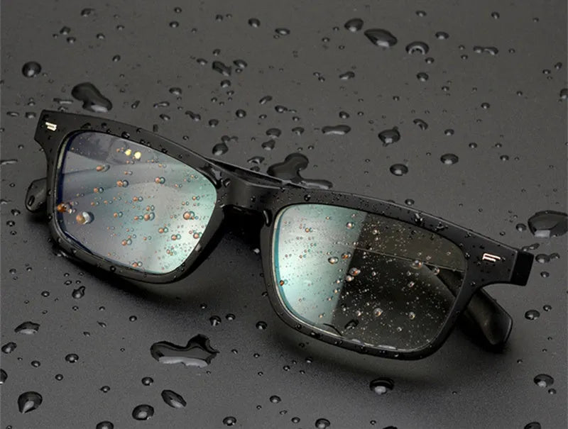 Smart glasses with Bluetooth open-ear audio and touch transparent anti-blue light PC polarised lenses.