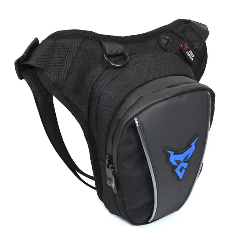 Motorcycle rider's leg bag in 1200D Oxford cloth, shown in red, blue, green, and grey colour options.