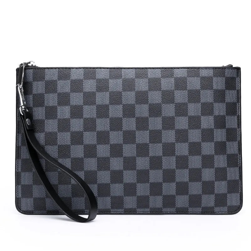 Men's black checkered PU leather business clutch wallet showing card slots and zipper pocket