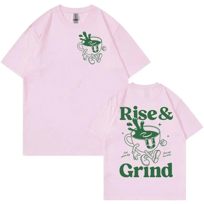 Loose fit men's cartoon t-shirt with Rise And Grind Green Coffee Fun Expression Bag graphic print.