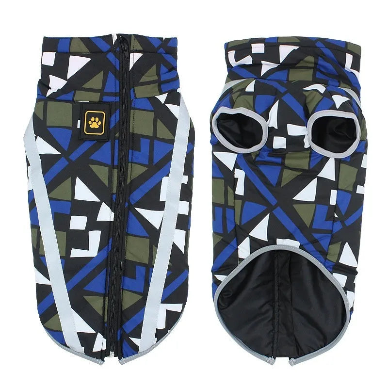 Thick reflective blue geometric pattern dog shell jacket on a large dog
