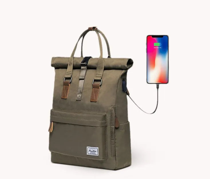 Casual polyester backpack with cover opening showing laptop pocket and interior organisation