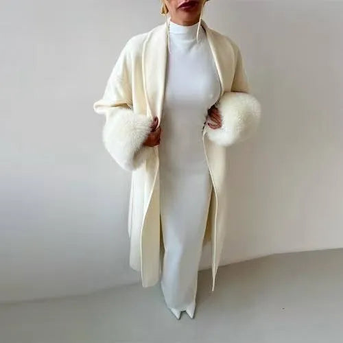 Solid colour lacing cuff woolen coat in apricot, loose fit polyester autumn winter jacket