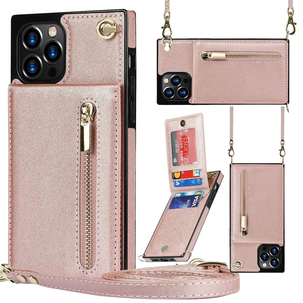 Black leather-back mobile phone case shown next to a green and purple version for iPhone and Samsung models.