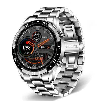 Smart watch with stainless steel band showing 1.3 inch touch screen display