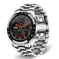 Smart watch with stainless steel band showing 1.3 inch touch screen display