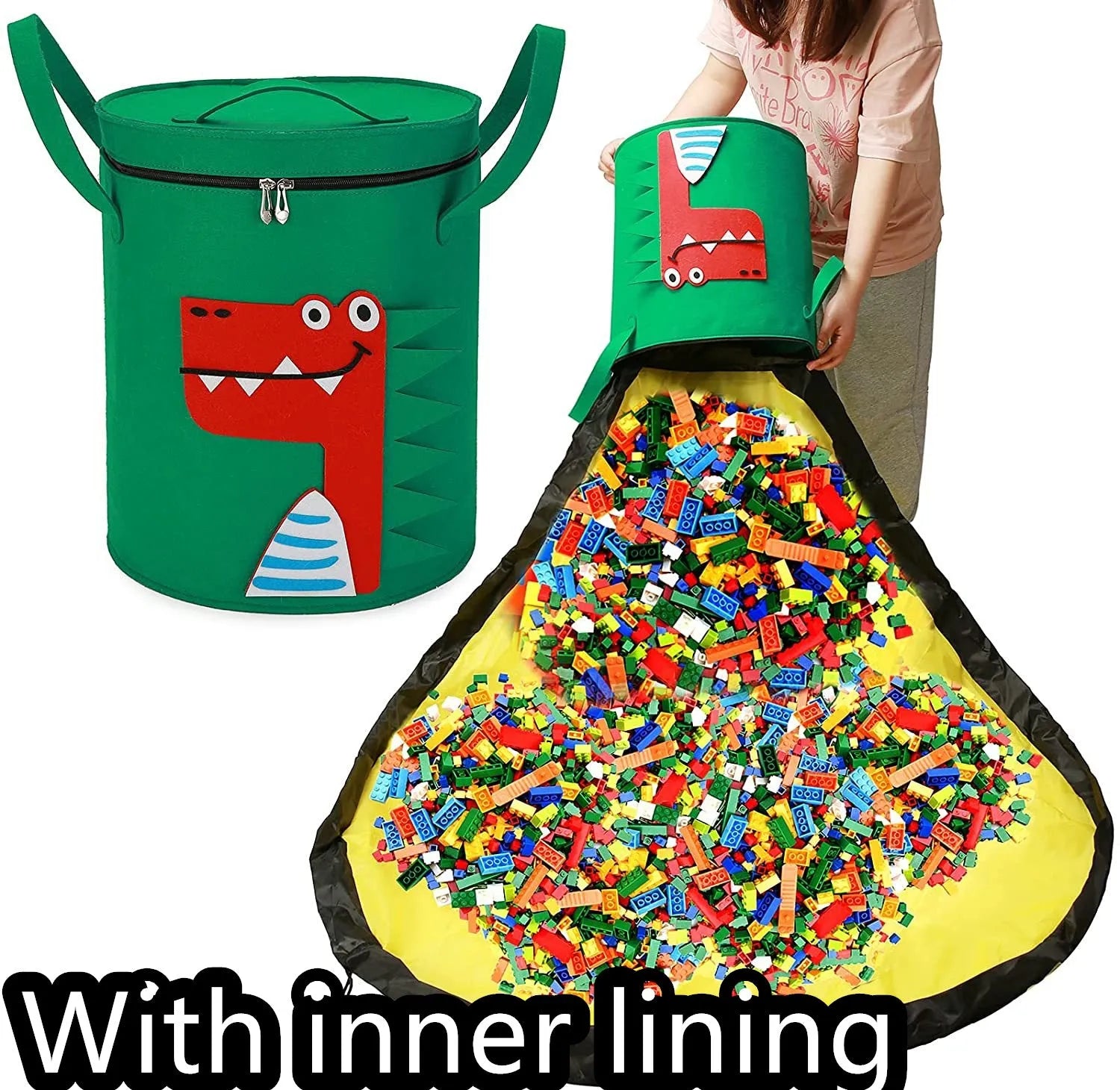 Green cube-shaped felt storage bag with a pull rope, shown as a toy organiser and play mat.