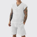 Men's blue V-neck sleeveless vest and matching shorts summer sports suit