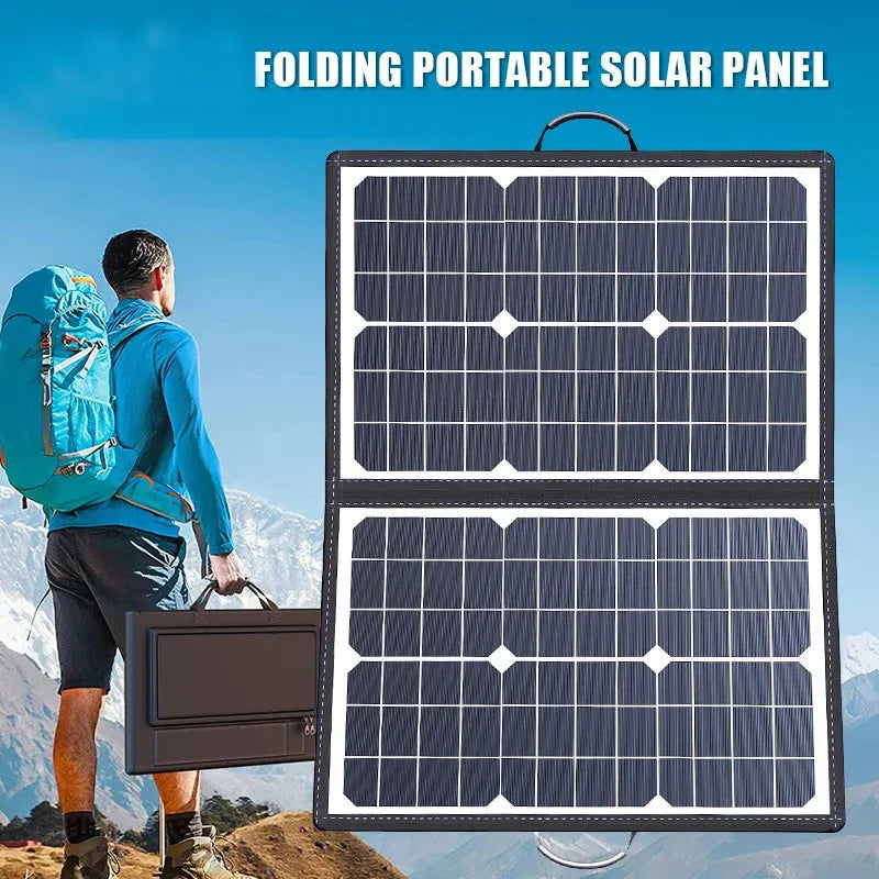 Black 40W portable solar folding panel showing compact folded dimensions for outdoor charging