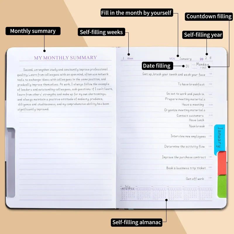 A5 no-date notebook with soft PU cover shown in purple, green, grey, black, pink, and orange, with planning stickers