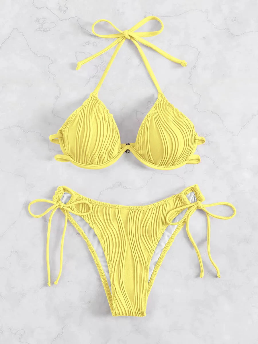Women's steel bracket bikini swimsuit with split design in multiple colour options