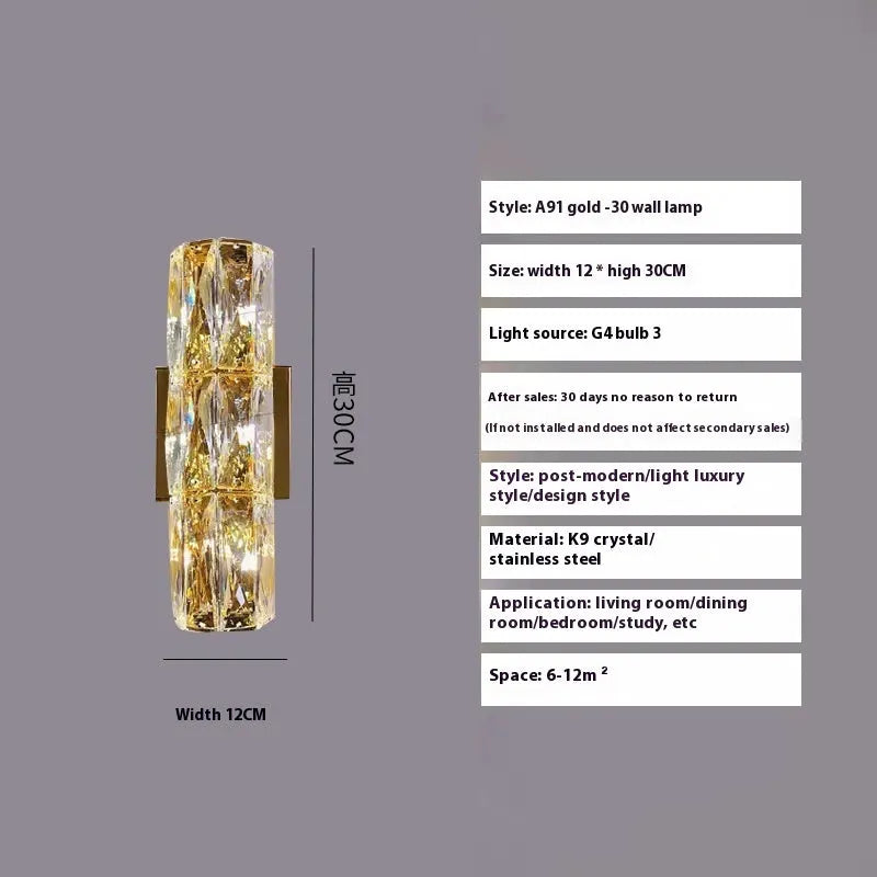 Crystal shade LED wall lamp in chrome or gold finish on stainless steel base.