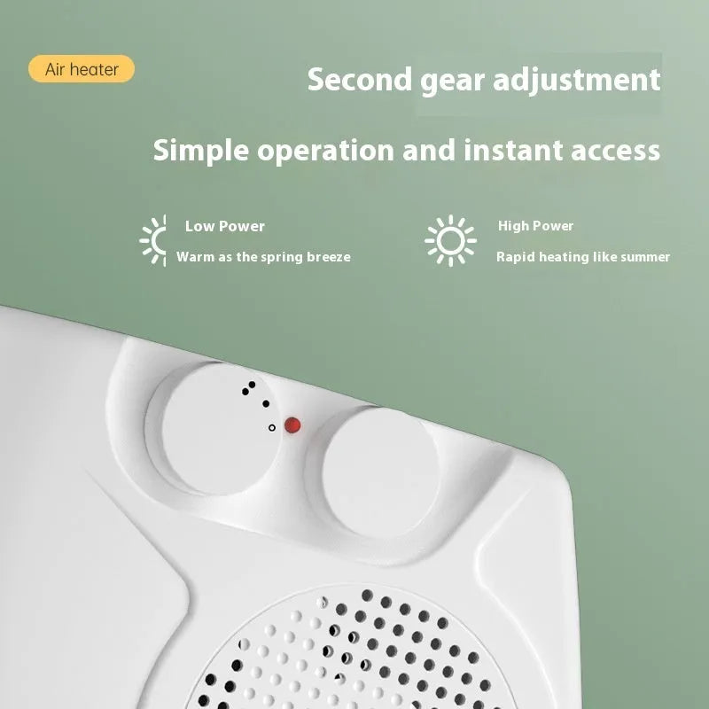 Small white electric space heater for desktop use with two-speed control and low-noise operation